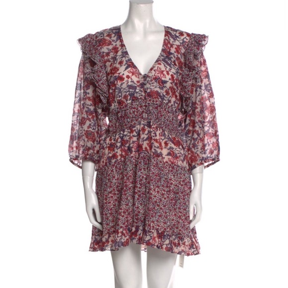 NWT SAYLOR Laci Mini Dress Pink Floral Combo Puff Sleeve Ruffle Mixed Print LRG - Picture 6 of 12